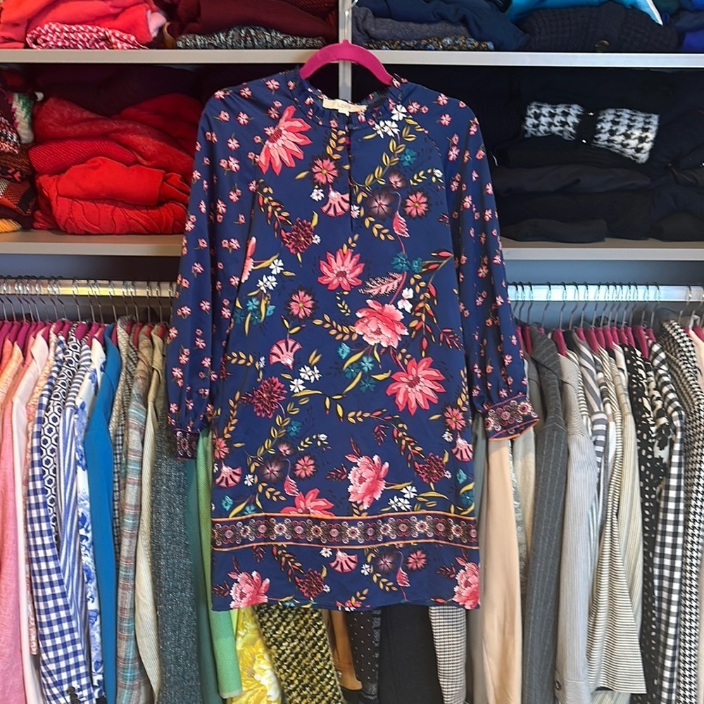 Loft blue and pink floral print long sleeve mock ruffle neck dress size XS